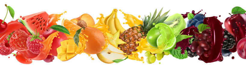 Sweet tropical fruits and mixed berries. Splash of juice. Watermelon, banana, pineapple, strawberry, orange, mango, lime, blueberry, grapes, apple. 3d vector realistic set. High quality 50mb eps