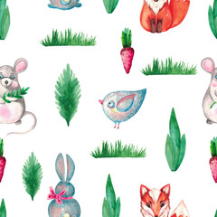 Seamless watercolor pattern cute animal Fox birdie rabbit mouse Hand painted greenery grass leaves plants,