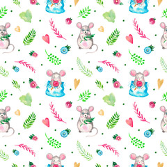 Seamless watercolor pattern cute animal mouse Hand painted children's theme