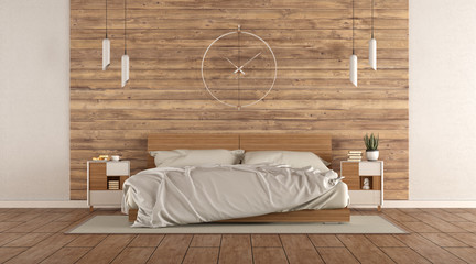 Minimalist master bedroom with wooden double bed