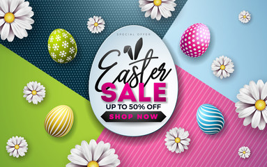 Easter Sale Illustration with Color Painted Egg, Spring Flower and Rabbit Ears on Colorful Background. Vector Holiday Design Template for Coupon, Banner, Voucher or Promotional Poster.