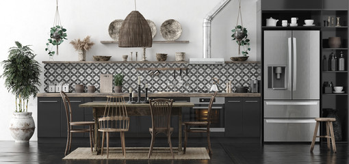 Ethnic kitchen interior, panoramic view, 3d render