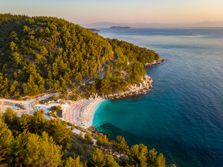 Aerial drone view of Thasos Marble Beach at sunrise