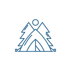 Tent in the forest line concept icon. Tent in the forest flat  vector website sign, outline symbol, illustration.