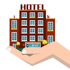 Hotel Building Vector Icon in Human Hand Isolated on White Background