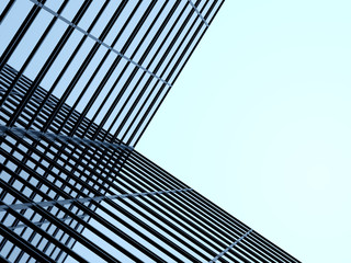 3D stimulate of high rise curve glass building and dark steel window system on blue clear sky background,Business concept of future architecture,lookup to the angle of the corner building.