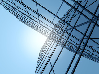 3D stimulate of high rise curve glass building and dark steel window system on blue clear sky background,Business concept of future architecture,lookup to the angle of the corner building.