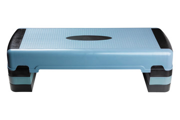 blue aerobic step for training, board for fitness, with adjustable height, sports equipment, on a white background, isolate