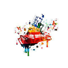 Colorful music instruments with music notes isolated vector illustration design.  Piano, guitar, violoncello, saxophone, trumpet and microphone music festival poster, live concert events, party flyer