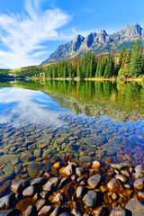 Panorama Reflection of Mount Fitzwilliam on Yellowhead Lake in the Canadian Rockies, British Columbia, Canada