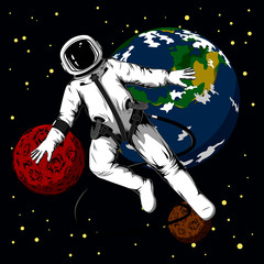 Astronaut in outer space. Color vector image of the astronaut and the planets.