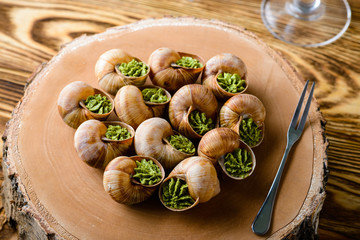 Escargots de Bourgogne - Snails with herbs butter, gourmet dish in French traditional