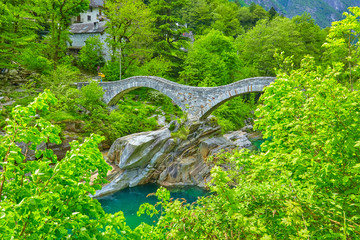 Famous bridge at Lavertezzo in Switzerland.