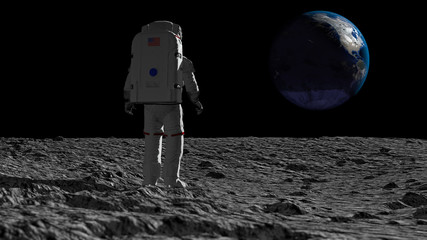 Astronaut walking on the moon and admiring the beautiful Earth. CG Animation. Elements of this image furnished by NASA. 3D rendering