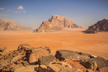 Wadi Rum Jordanian Middle East desert picturesque scenery landscape photography from high steep rock cliff  