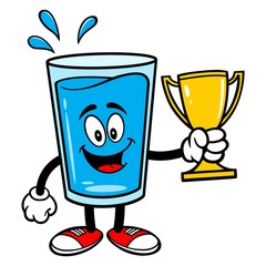 Glass of Water Mascot with a Trophy - A vector cartoon illustration of a glass of Water mascot holding a Trophy.