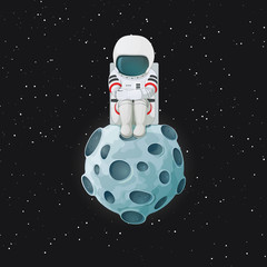 Depressed cartoon astronaut sitting on the Moon with space and stars in the background. Mental health problem and loneliness illustration. Vector.
