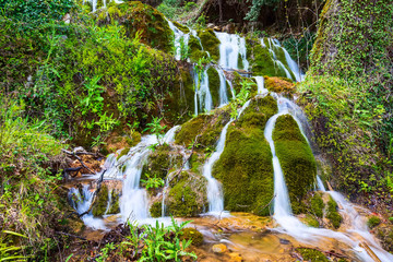 Beautiful waterfall cascade in the forest, spring nature background