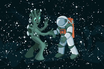 Cartoon alien meeting and handshake in space on dark starfield background