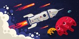 Rocket flying in space to other planets. Spaceship surrounded by comets and celestial bodies. Vector flat illustration.