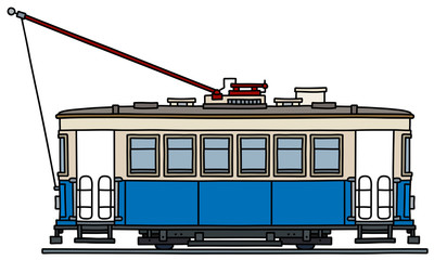 The vectorized hand drawing of a classic blue and white tramway