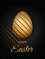 Greeting card with golden Easter egg and handwritten wishes of a Happy Easter on black background.  Realistic golden shining egg decorated with a striped pattern.