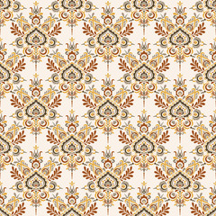 Seamless background baroque style. Vintage Pattern. Retro Victorian. Ornament in Damascus style. Elements of flowers, leaves. Vector illustration. Wallpaper, print packaging, textiles.