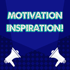 Writing note showing Motivation Inspiration. Business concept for ability to change the way we feel about life Blank Spotlight Crisscrossing Upward Megaphones on the Floor