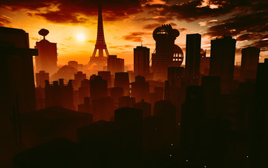 concept art of silhouette of city at sunset