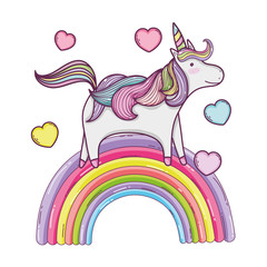 cute fairytale unicorn with rainbow and hearts
