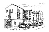 Hand drawn ink line sketch of european street