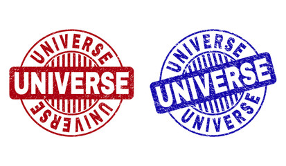 Grunge UNIVERSE round stamp seals isolated on a white background. Round seals with grunge texture in red and blue colors. Vector rubber imitation of UNIVERSE label inside circle form with stripes.