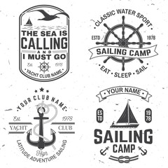 Set of summer sailing camp badge. Vector. Concept for shirt, print or tee. Vintage typography design with black sea anchors and rope knot silhouette. Best Sporting Activity