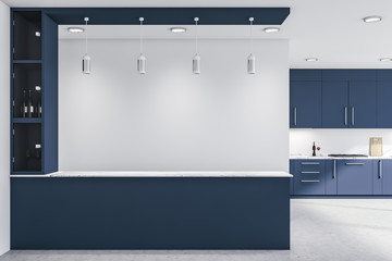 Dark blue kitchen, countertops and bar