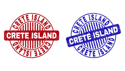 Grunge CRETE ISLAND round stamp seals isolated on a white background. Round seals with grunge texture in red and blue colors.