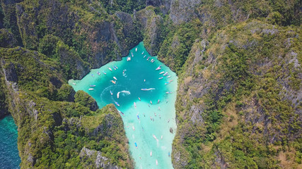 Aerial drone view of Maya Bay ,Phi Phi islands, Thailand