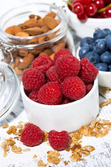 fresh raspberries, blueberries and breakfast products, vertical