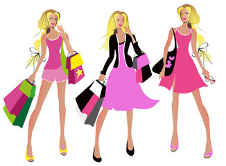 beautiful woman, shopping, on a white