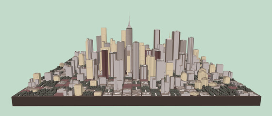 3D model of city. Vector illustration. Front view