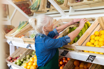Senior woman working in small grocery store