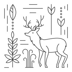 Line illustration with deer isolated on white.