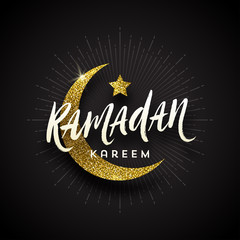 Ramadan Kareem greeting card - Brush calligraphy greeting,  glitter gold moon and star on a black background. Vector illustration.