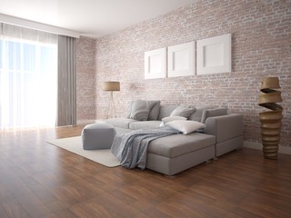 Mock up superb living room with stylish gray sofa and brick wall background.