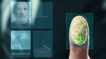 Futuristic digital processing of fingerprints as man holds his hand against a  modern fingerprint scanner. Futuristic digital technology and transparent citizen concept.