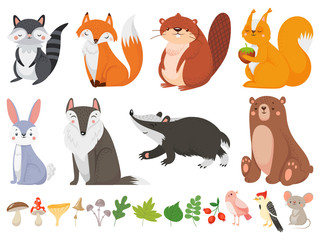 Funny wood animals. Wild forest animal, happy woodland fox and cute squirrel vector cartoon illustration set