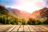 Desk of free space and summer mountains landscape