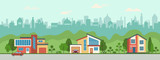 Suburban houses along the street. Set private houses in flat design style. Colorful residential houses and trees.
