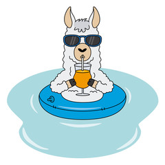 Llama with float, sunglasses and a drink