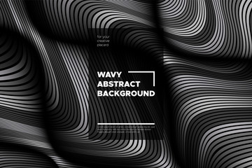 Movement. Monochrome Abstract Background of Waves. Modern Bright Flow Poster. Blend. Distortion of Wave Stripes. 3d Surface with Optical Illusion. Monochrome Warped Lines Movement Effect. Eps10 Vector