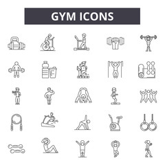 Gym line icons, signs set, vector. Gym outline concept illustration: gym,fitness,weight,muscle,health,sport,exercise,healthy